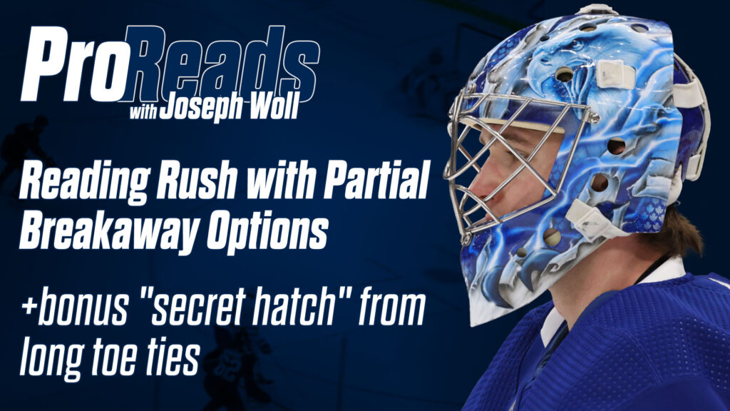 Joseph Woll in Maple Leafs blue and white goalie mask, close-up profile view, ProReads instructional graphic overlay