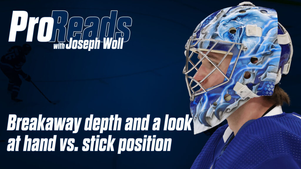 Toronto Maple Leafs goalie Joseph Woll in blue mask, close-up portrait for InGoal Pro-Reads breakaway depth series