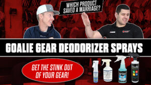 InGoal Radio episode thumbnail featuring goalie gear deodorizer spray products review with two hosts
