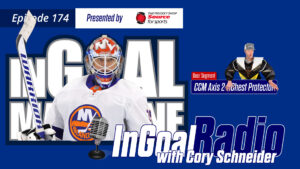 Cory Schneider in New York Islanders gear on InGoal Radio Episode 174 podcast cover, holding a microphone
