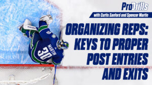 Canucks goalie Curtis Sanford makes a desperation save, fully extended along the ice near the post in full NHL equipment.