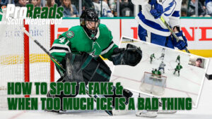 Scott Wedgewood Dallas Stars goalie in butterfly slide making a save, green pads, ProReads article graphic overlay