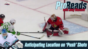 Ottawa Senators goalie Joey Daccord in butterfly tracking a push shot during ProReads analysis