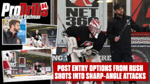 Goalie coach Richard Bachman demonstrates post-entry crease movement drills for rush shots and sharp-angle attacks on ice.