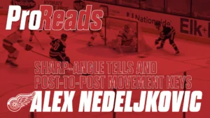 Detroit Red Wings goalie Alex Nedeljkovic in butterfly position making a sharp-angle save during NHL game action.