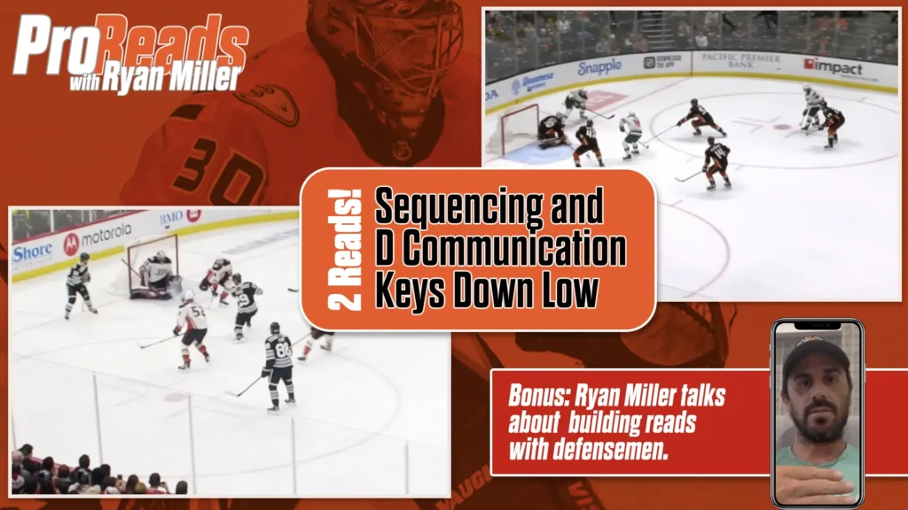 Ryan Miller Pro-Reads tutorial graphic showing NHL game footage with sequencing and D communication drills down low