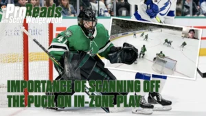 Dallas Stars goalie Scott Wedgewood in butterfly stance tracking play in his crease during in-zone action