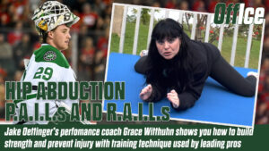 Grace Witthuhn demonstrates hip abduction P.A.I.L.s and R.A.I.L.s floor stretch alongside Stars goalie Jake Oettinger