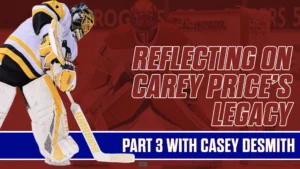 Carey Price in Canadiens gear handles the puck in butterfly, wearing yellow Koho pads in a throwback-style graphic