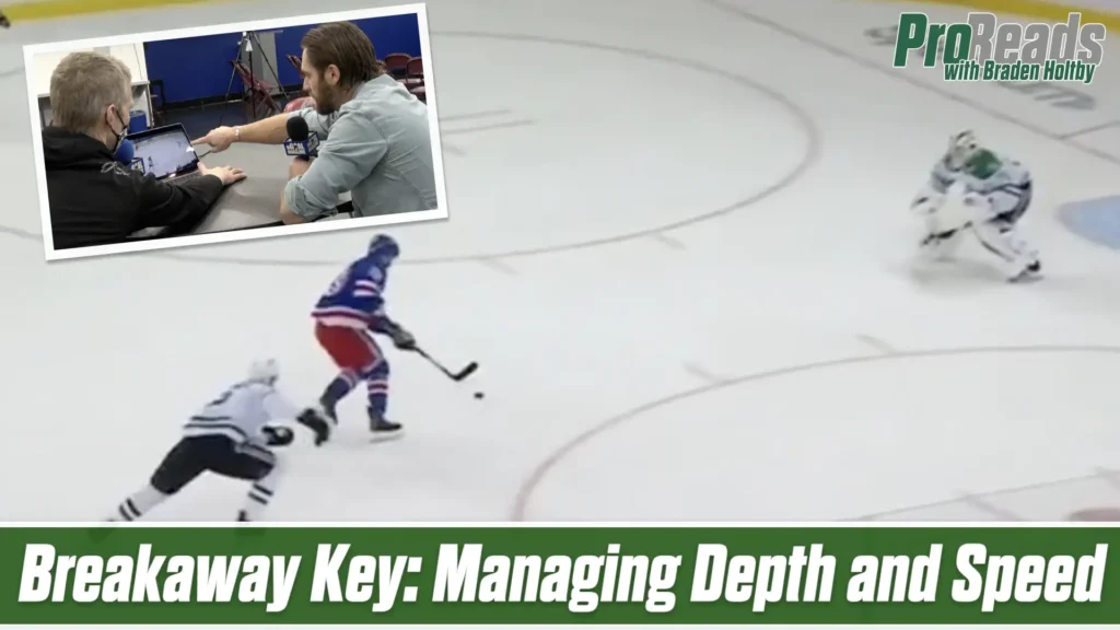 Braden Holtby challenges a breakaway shooter, managing depth and angle in full goalie gear during an NHL game