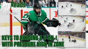 Scott Wedgewood in Dallas Stars gear in butterfly stance tracking a 2-on-1 rush during a Stars game