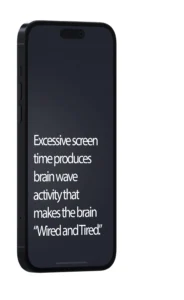 Smartphone screen displaying text about excessive screen time causing "wired and tired" brain wave activity in goalies