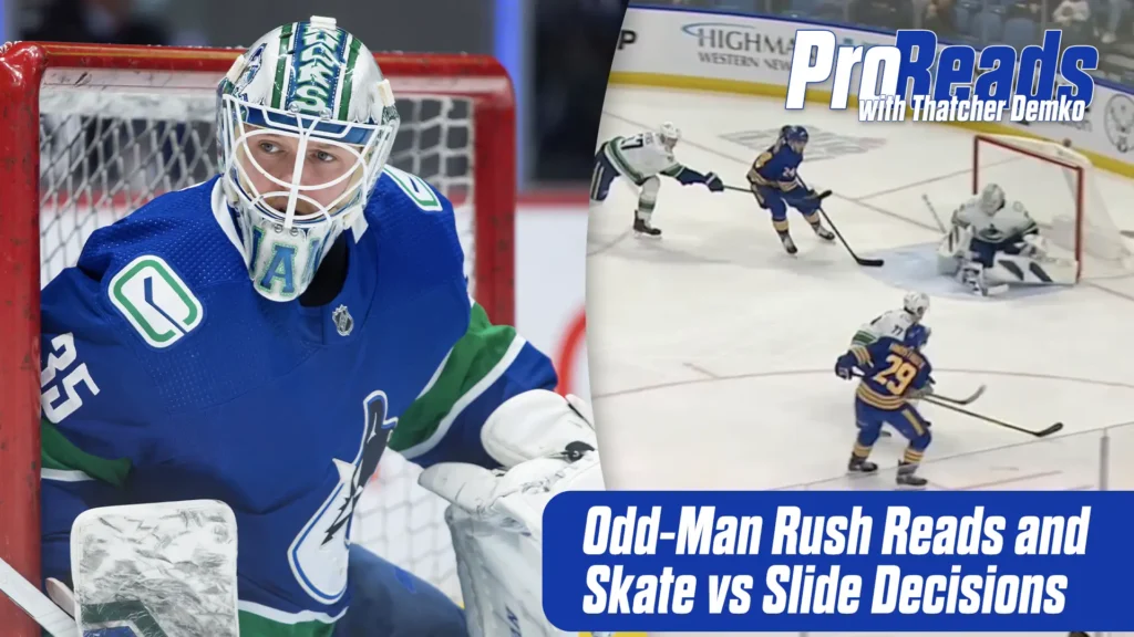 Thatcher Demko in Canucks gear tracking a 2-on-1 rush, composite showing his stance and a game-action slide save sequence.