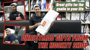 Hockey shop staff holding goalie gear box for Christmas gift guide video with InGoal Magazine