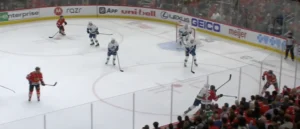 Thatcher Demko in butterfly stance defending goal on penalty kill as Canucks face Chicago Blackhawks attack