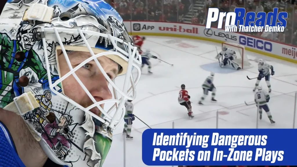 Thatcher Demko in Canucks blue crease, masked close-up left, with in-zone penalty kill gameplay screenshot right