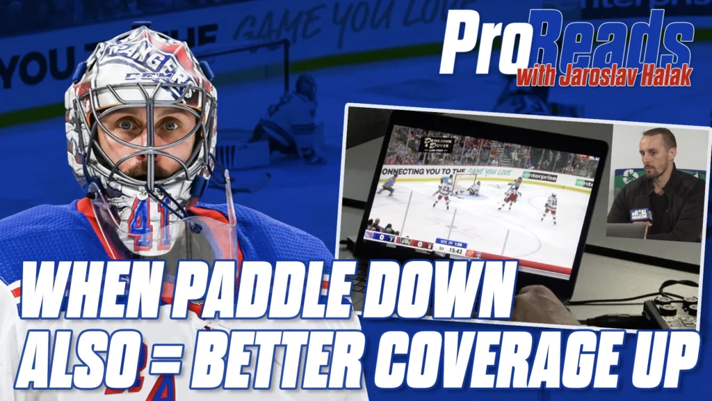 Jaroslav Halak in Rangers gear with ProReads analysis screen showing paddle-down technique and upper coverage positioning