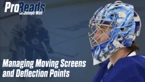 Joseph Woll Toronto Maple Leafs goalie in blue mask focused in crease, Pro-Read on managing screens and deflections