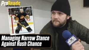 Thatcher Demko discusses narrow stance against rush chances in ProReads video, with inset of him in Canucks gear