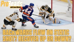 Linus Ullmark Boston Bruins goalie in butterfly position making a save against New York Islanders forward during NHL game