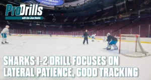 San Jose Sharks goalie tracking a shooter during 1-2 lateral patience drill at SAP Center practice