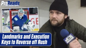 Thatcher Demko ProRead thumbnail showing Demko in Canucks gear and a presenter discussing reverse VH technique on rush plays