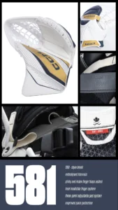 CCM Eflex 6 goalie blocker in white, navy, and gold colorway with detailed close-up shots of palm, finger protection, and ...