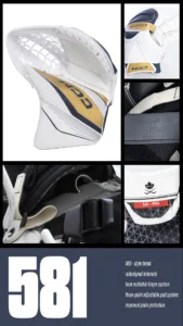 CCM Eflex 6 goalie glove and blocker set in white, navy, and gold colorway with detailed close-up views