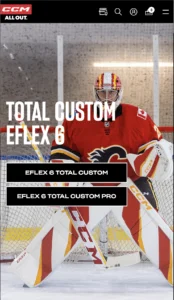 Calgary Flames goalie in CCM Total Custom Eflex 6 pads and gear in butterfly stance during play
