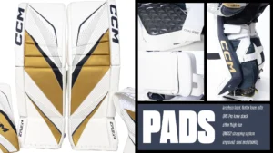 CCM Eflex 6 goalie pads in white and gold colorway, shown from multiple angles highlighting leg pad construction and strap...