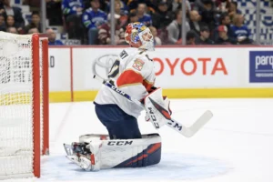 Florida Panthers goalie Sergei Bobrovsky in butterfly stance, demonstrating his unique stick grip with blocker visible dur...