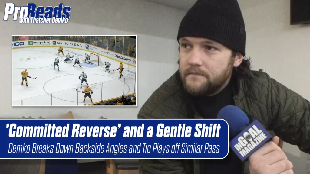 Thatcher Demko in street clothes analyzes NHL gameplay footage showing backside angles and tip plays in a ProReads breakdo...