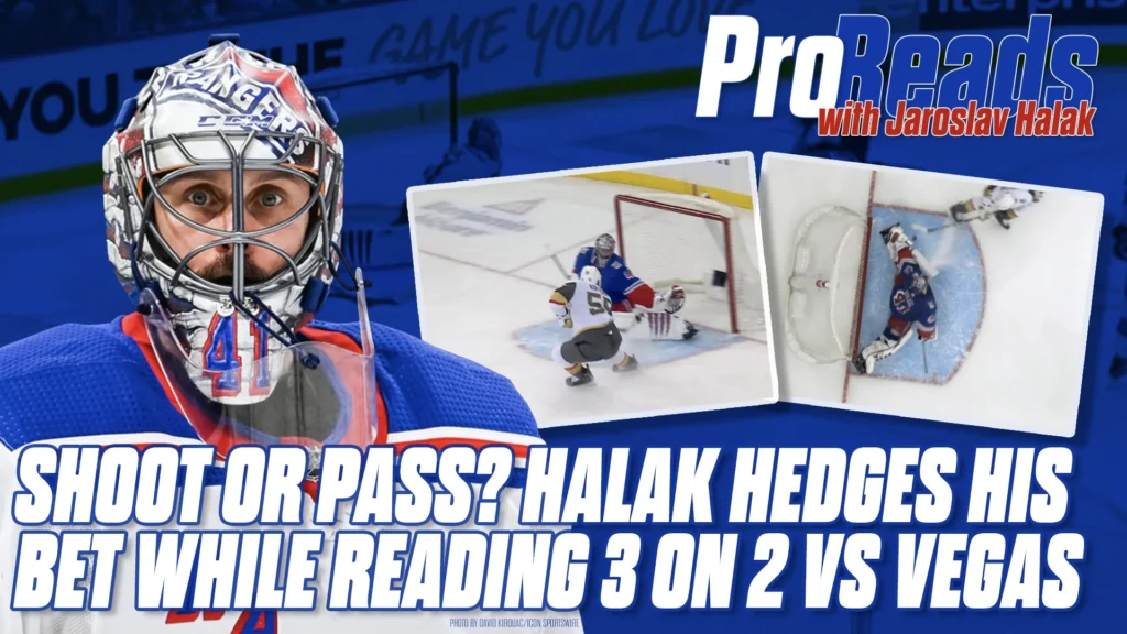 Jaroslav Halak in Rangers white reads a 3-on-2 rush, squaring up in his crease while tracking shooter vs pass option
