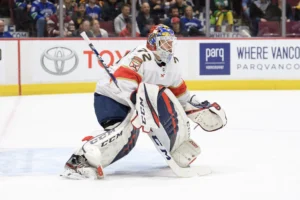 Sergei Bobrovsky in butterfly stance showcasing his unique stick grip, Florida Panthers gear, Rogers Arena