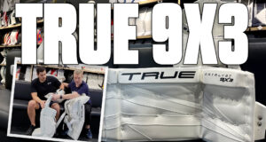 Joel Hofer with True Catalyst 9X3 goalie pads and gear in a hockey equipment store