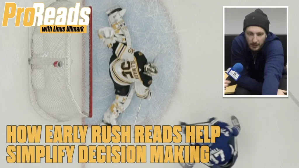 Linus Ullmark making a save in NHL action, aerial view showing Bruins goalie in full butterfly position with ProReads coac...
