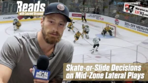 Laurent Brossoit discusses skate-or-slide decisions on mid-zone lateral plays in an InGoal Magazine Pro Reads video segment.