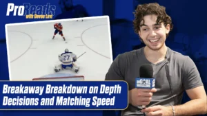 Devon Levi hosts Pro Reads breakdown on breakaway depth decisions, with inset showing goalie in butterfly position during ...