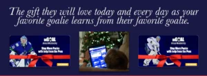 InGoal Magazine gift subscription ad showing a goalie and child learning at a computer with holiday ribbon accents