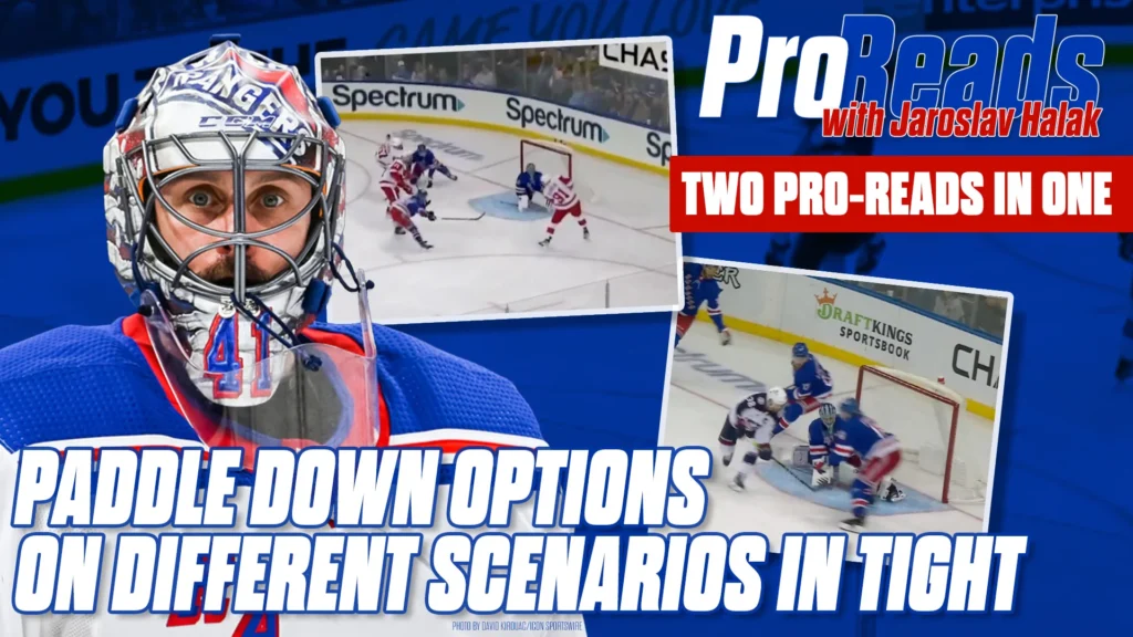 Jaroslav Halak in Rangers gear demonstrates paddle down technique in two close-in scenarios during a ProReads instructiona...