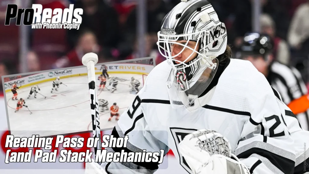 Kings goalie Pheonix Copley in white gear tracks play, reading pass or shot in a ProReads tutorial still frame