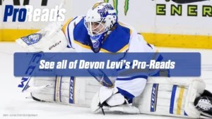 Devon Levi in butterfly save position wearing Buffalo Sabres blue and gold gear, glove extended in a ProLeads promotional ...
