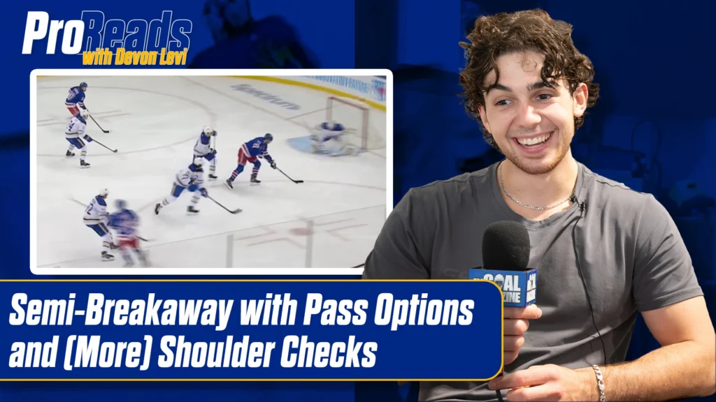 Devon Levi ProReads thumbnail showing a semi-breakaway game clip and Levi holding a microphone