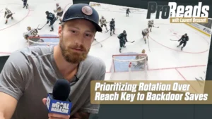 Laurent Brossoit speaking into InGoal Magazine microphone during ProReads segment on backdoor save rotation technique