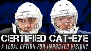 Two goalies wearing Bauer helmets with cat-eye cages, text reads Certified Cat-Eye: A Legal Option for Improved Vision?