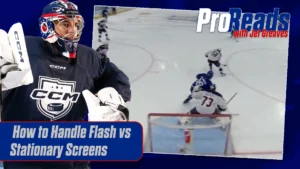 Jet Greaves in CCM gear tracks puck through screen, split-screen ProReads tutorial on handling flash vs stationary screens