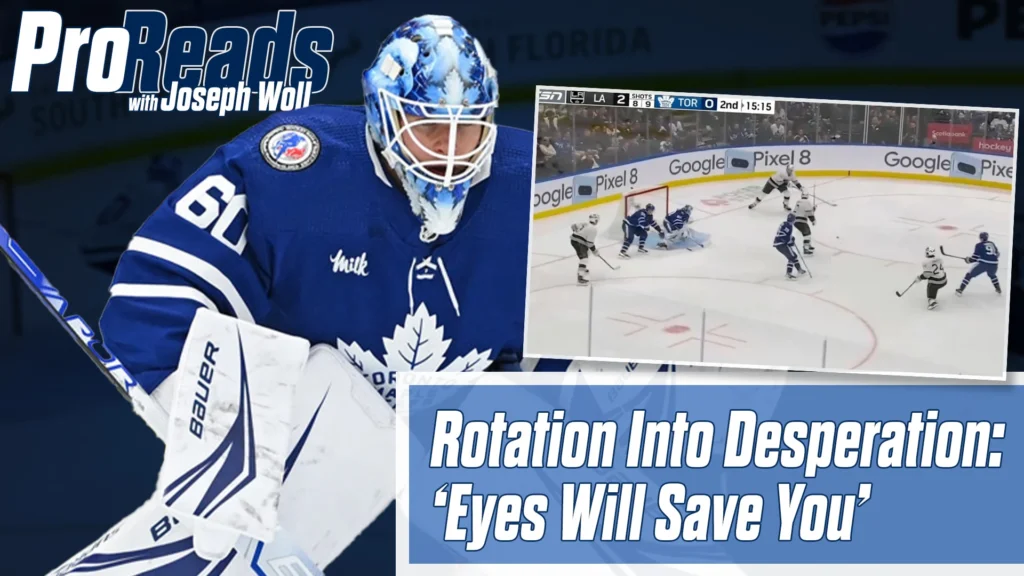 Toronto Maple Leafs goalie Joseph Woll in blue mask tracking play during a backdoor rotation drill in ProReads analysis