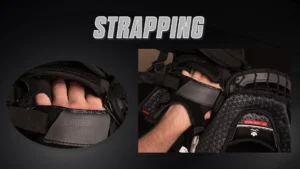 CCM Axis XF goalie glove interior strapping system shown in close-up detail, highlighting wrist and hand strap construction