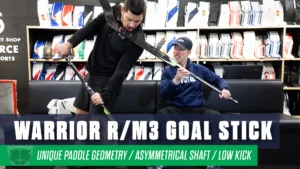 Warrior R/M3 goalie stick review with Matt Davis and host examining the stick's asymmetrical shaft and paddle geometry