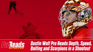 Dustin Wolf Calgary Flames goalie mask close-up with red background and skater silhouette in ProReads graphic